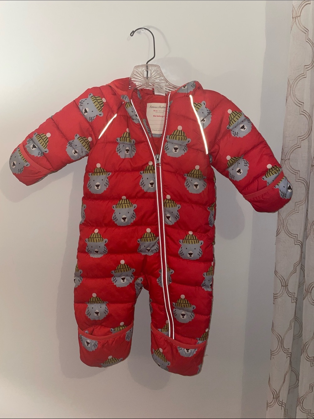 Hanna Anderson Red Baby One-Piece Snowsuit , Bunting Suit with Bear Print.